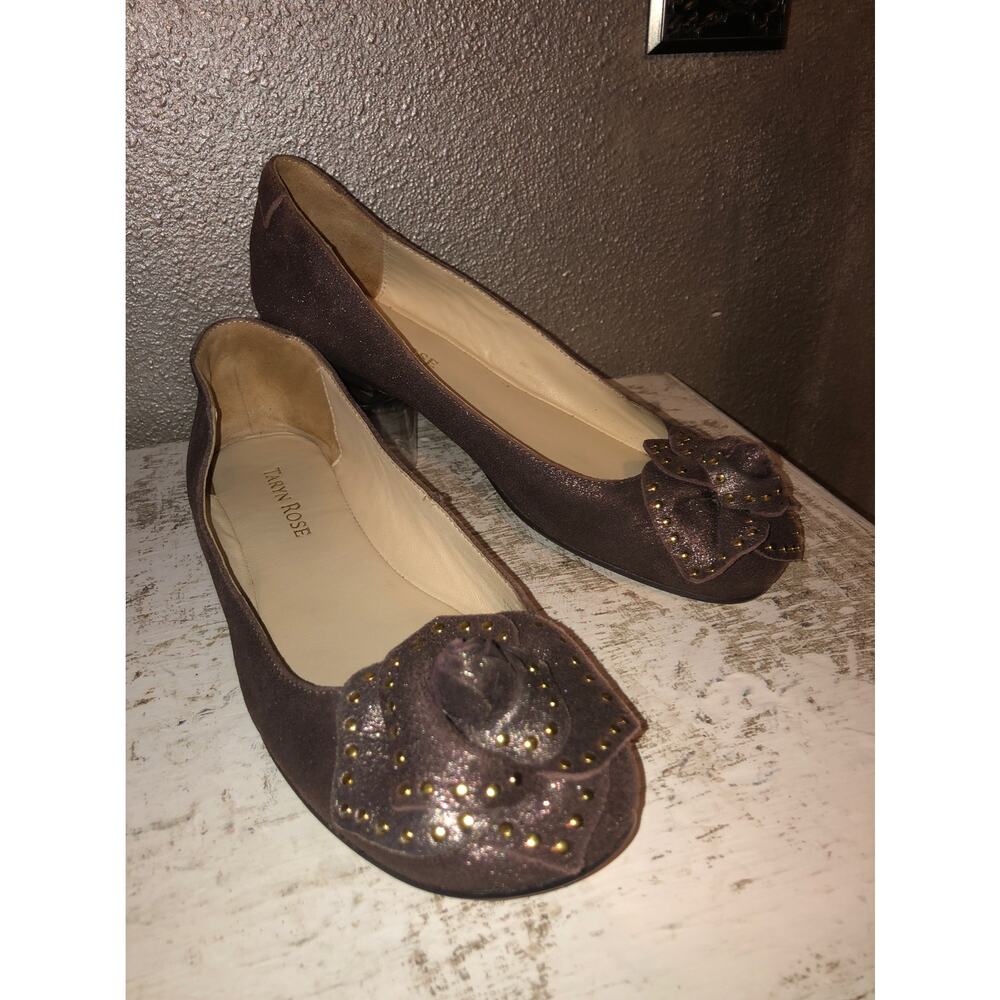Taryn Rose Babylon  Preppy Edgy Studded Rosettes Metallic Suede Ballet Flats